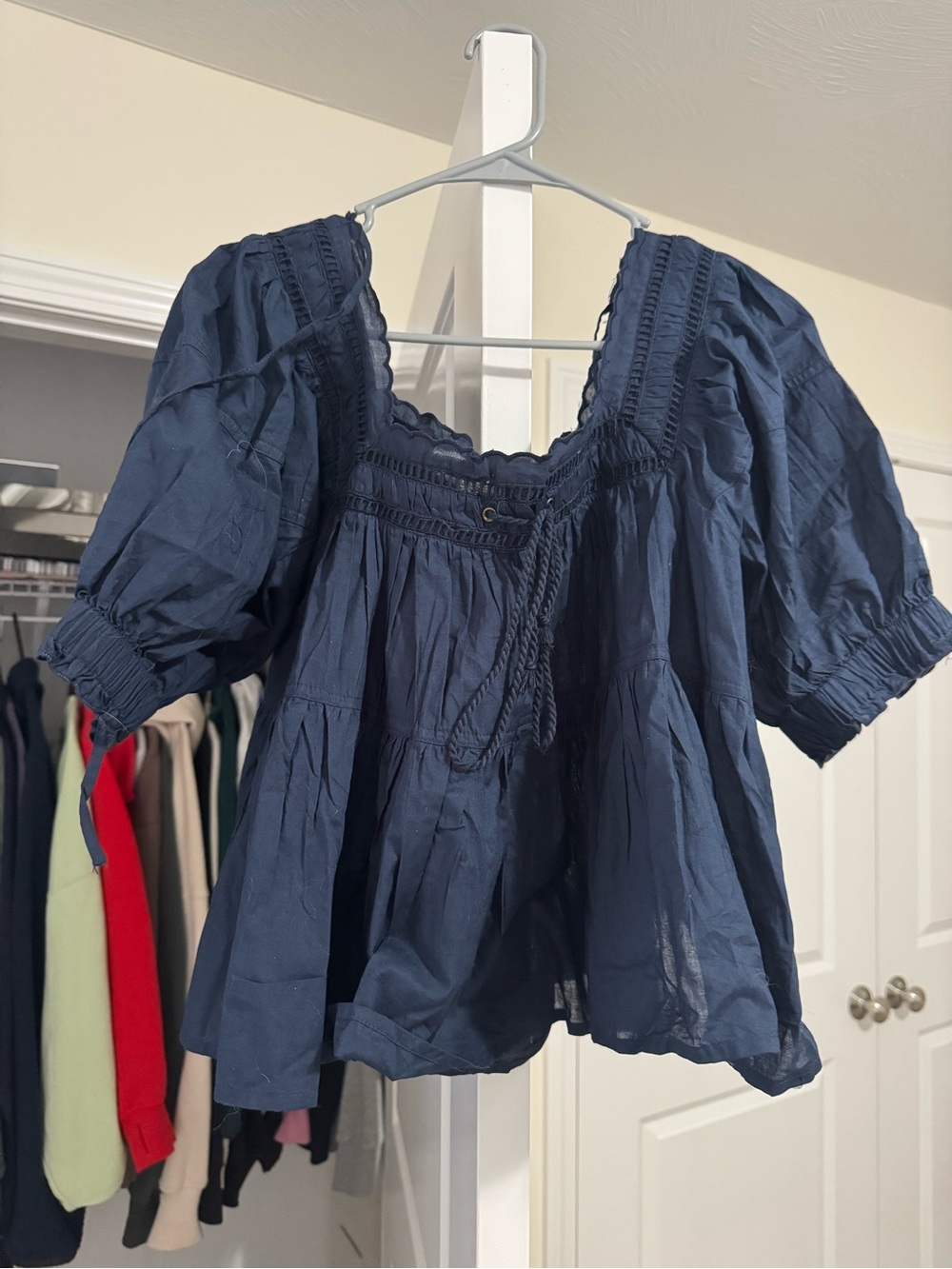 T.J.Maxx Navy Peasant Blouse with Puff Sleeves